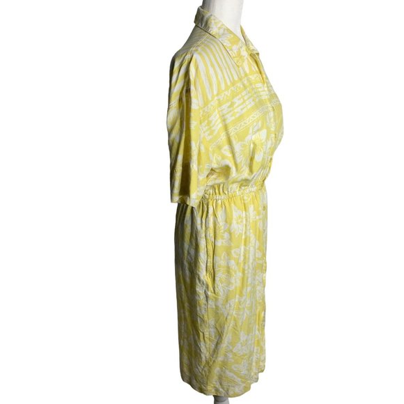 Vintage 80s Button Up Shirt Dress M Yellow Floral Short Sleeve Elastic Pockets - Picture 5 of 6